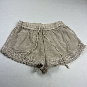 Raya Sun Linen Blend Shorts Fringe Drawstring Beige M Fringe Boho Beach Festival